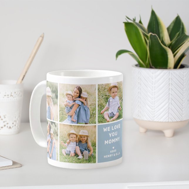 Vi älskar Mamma Modern Blå Fotokollage Kaffemugg (Skapare uppladdad)