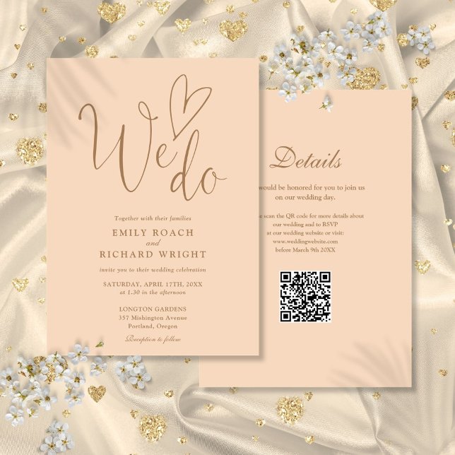Vi älskar verkligen Heart QR-kod Soft Peach Bröllo Inbjudningar (We Do Love Heart QR Code Soft Peach Wedding Invitation)