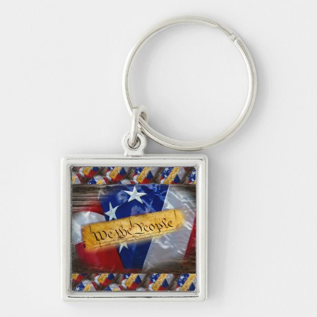 Vi Amerikanska Flagga Fyrkantig Silverfärgad Nyckelring (Framsidan)