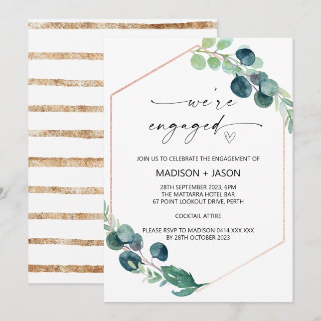 Vi är Engaged Förlovningsfest Grönt Eucalyptus Inbjudningar (Fram/baksida)