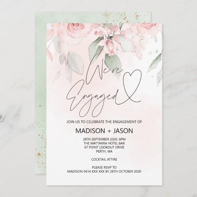 Vi är Engaged Förlovningsfest Rosa Blommigt Guld Inbjudningar (Fram/baksida)