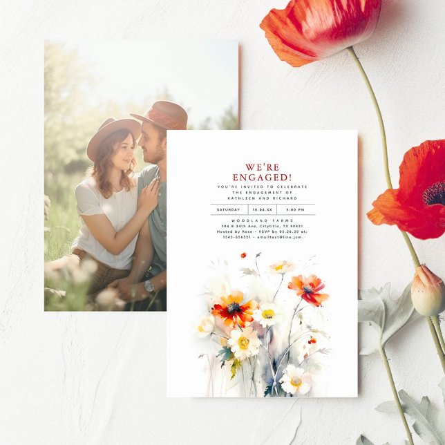 Vi är Engaged Wildblommes Förlovningsfest Photo Inbjudningar (Wildflowers Minimalist Elegant Engagement Party Photo Invitations "We're Engaged!")