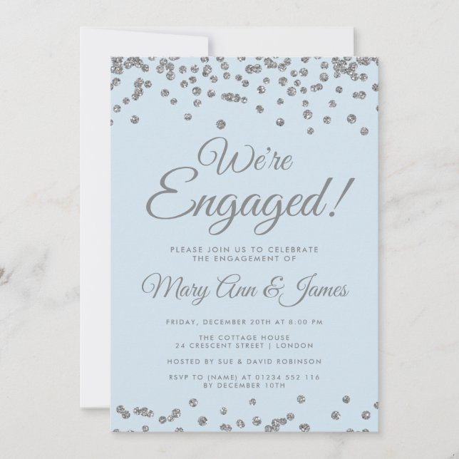 Vi är engagerade! Konfettisblått Silver Glitter Inbjudningar (Framsida)