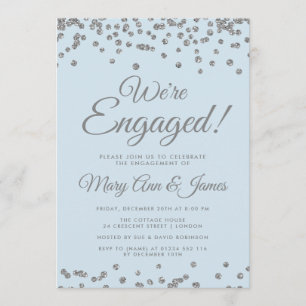Vi är engagerade! Konfettisblått Silver Glitter Inbjudningar