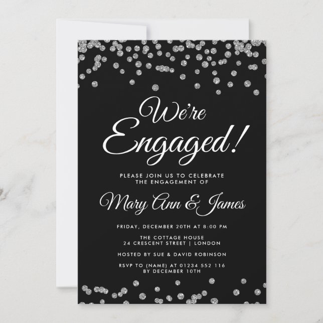 Vi är engagerade! Silver Glitter Confetti Black Inbjudningar (Framsida)