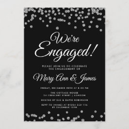 Vi är engagerade! Silver Glitter Confetti Black Inbjudningar