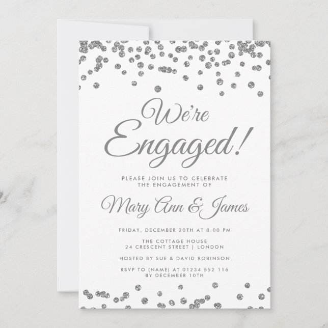 Vi är engagerade! Silver Glitter Confetti Inbjudningar (Framsida)