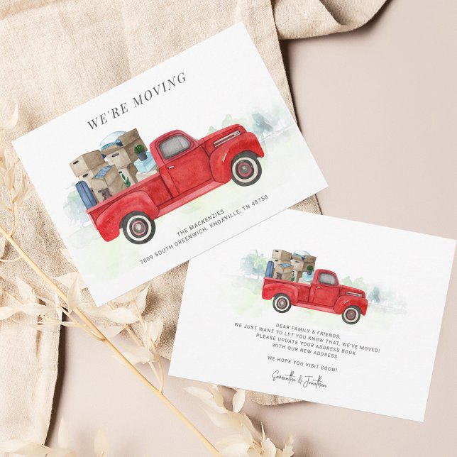 Vi är Flytta Red Lastbil Flytta Announcement (We Have Moved Watercolor Red Truck Moving Announcement)