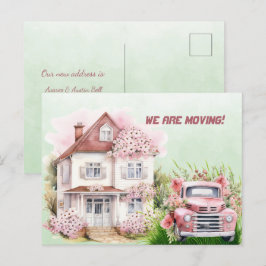 Vi är Flytta Rosa Vintage Lastbil och hus Vykort