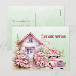 Vi är Flytta Rosa Vintage Lastbil och hus Vykort