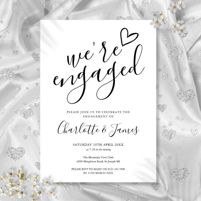 Vi är förlovade Förlovningsfest Svart Och Vitt Inbjudningar (We're Engaged Engagement Party Black And White Invitation)