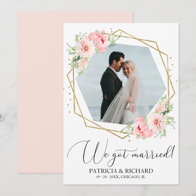 Vi är gifta Blush Blommig Elopement Annonsering Inbjudningar (Fram/baksida)