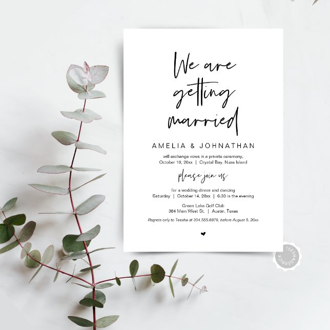 Vi är gifta sig, Elopement Dinner Dancing Inbjudningar (We are getting married, Elopement Brunch, Dinner, Party and Dancing, Post wedding Invitation Card)