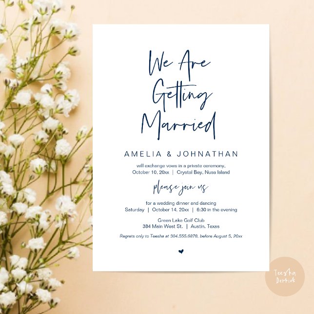 Vi är gifta sig, Elopement Dinner Dancing Inbjudningar (We are getting married, Elopement Dinner Dancing Lunch Brunch Invitation Card, PDF, Navy Blue)