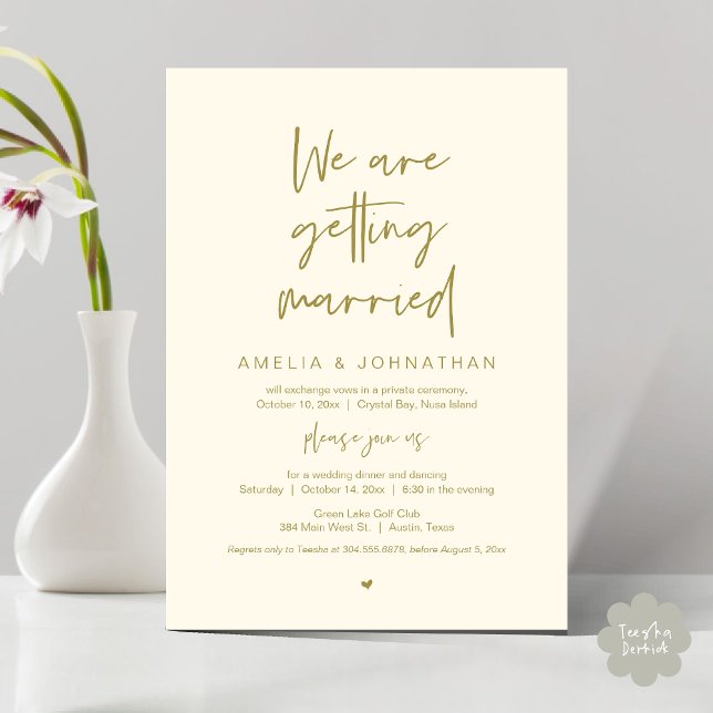 Vi är gifta sig, Elopement Dinner Dancing Inbjudningar (We are getting married, Elopement Dinner Dancing Invitation Card PDF Yellow Gold)