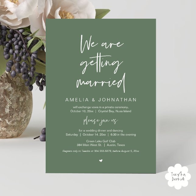 Vi är gifta sig, Elopement Dinner Dancing Inbjudningar (We are getting married, Elopement Dinner Dancing Invitation Card PDF Sage Green Greenery)