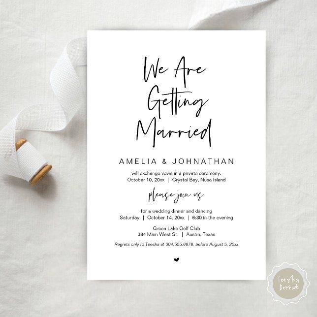 Vi är gifta sig.. inbjudningar (We are getting married, Elopement Dinner Dancing Lunch Brunch Invitation Card, PDF, Black White)