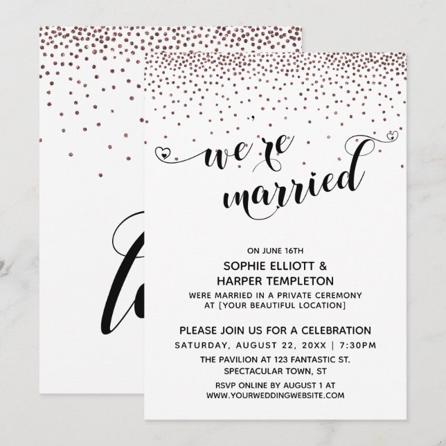 Vi är gifta -skript Rosa Guld Konfetti Bröllopsfes Inbjudningar (Fram/baksida)