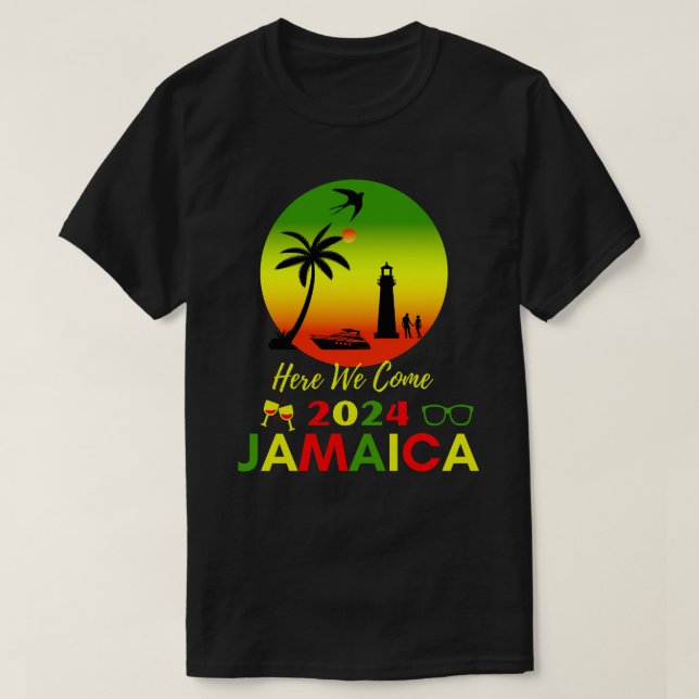 Vi är här i Jamaica 2024 med Jamaican flagga T Shirt (Design framsida)