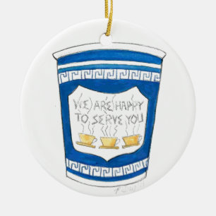 Vi är Lycklig till  dig, blå grekisk kaffe Kopp Julgransprydnad Keramik