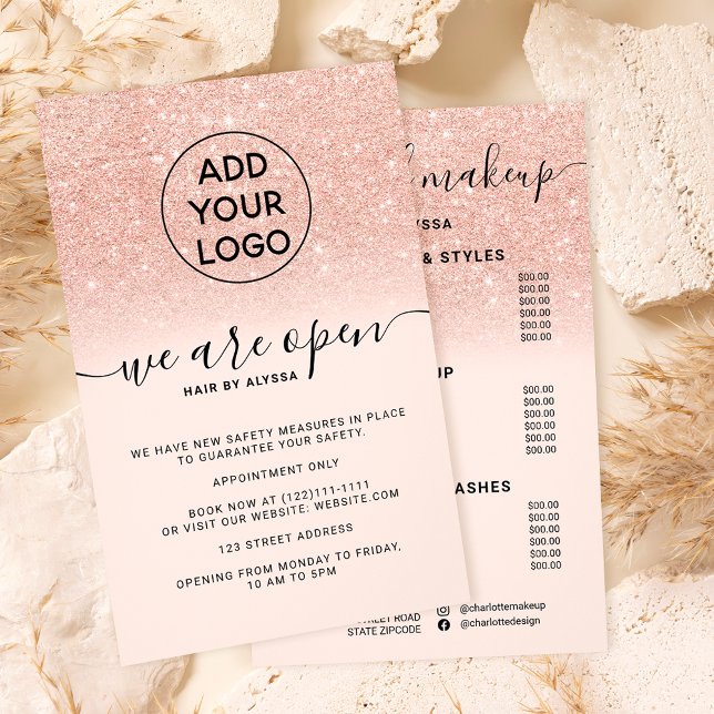 Vi är öppna roséguld glitter priser logo rosa flygblad (Skapare uppladdad)