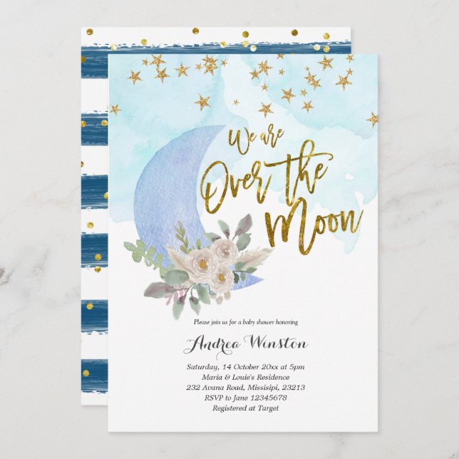 Vi är över inbjudan till Måne Blue Baby Shower (Fram/baksida)