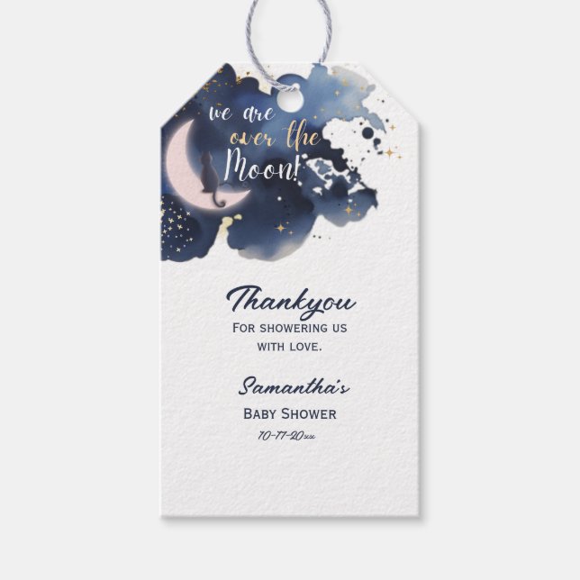 Vi är över måne-babyduschblått tack presentetikett (Framsidan)