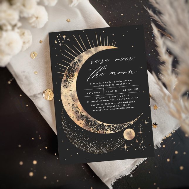 Vi är över Måne babyduschen Inbjudningar (Starry Night and Moon Black Baby Shower Invitations)
