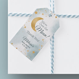 Vi är över Måne Boy Baby Shower Tack Presentetikett