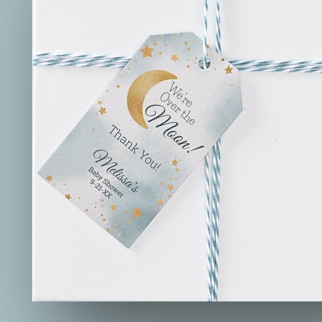 Vi är över Måne Boy Baby Shower Tack Presentetikett (We're Over the Moon Boy Baby Shower Thank You Gift Tags)