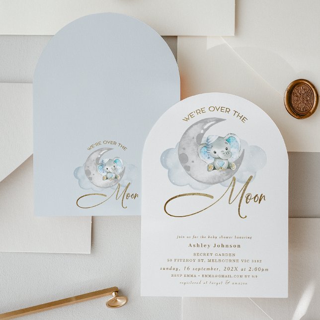 Vi är över Måne elefantbabyskåran Inbjudningar (Boys Over The Moon Baby Shower Invitation Arched Elephant Baby Shower Invitation, Elephant on Moon)