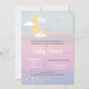 Vi är över Måne Gender Reveal Rosa Blue Lila Inbjudningar