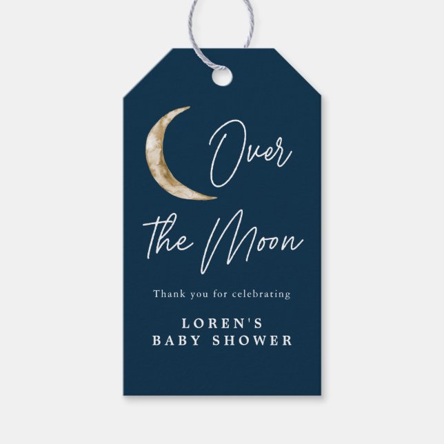 Vi är över Måne indigo Baby Shower Tack Presentetikett (Framsidan)