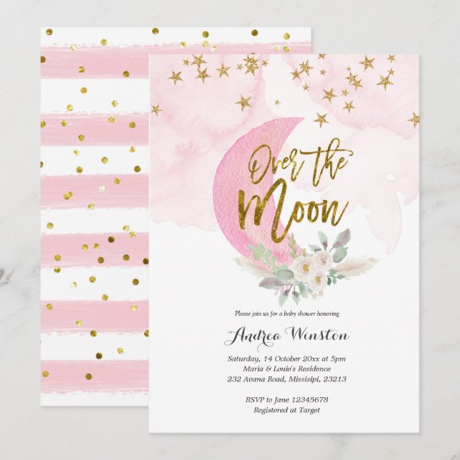 Vi är över Måne Rosa Baby Shower-inbjudan Inbjudningar (Fram/baksida)