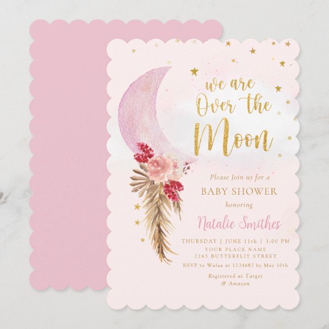 Vi är över Måne Rosa Baby Shower Inbjudningar (Fram/baksida)