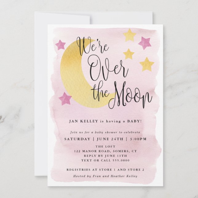 Vi är över Måne, Rosa Watercolor Baby Shower Inbjudningar (Framsida)