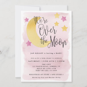 Vi är över Måne, Rosa Watercolor Baby Shower Inbjudningar