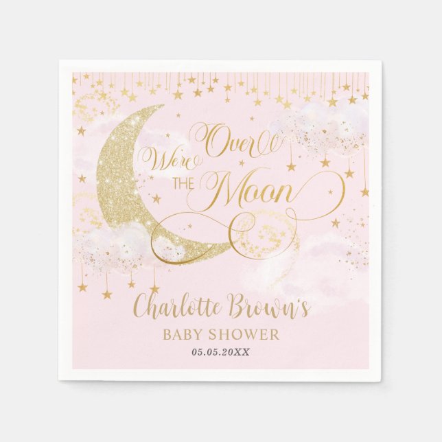 Vi är över Måne Stars Rosa Guld Baby Shower Pappersservett (Framsidan)