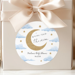 Vi är över månen Blå Celestial Baby Shower Runt Klistermärke