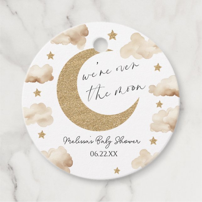 Vi är över månen Boho Celestial Baby Shower Gåvor Etiketter (Framsida)