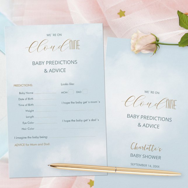 Vi är på Cloud 9 Blå Baby Shower Gissningslek (We´re on Cloud 9 Blue Baby Shower Predictions Game ©Susanne Sachers - Sunny Mind 🌞)