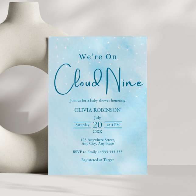 Vi är på Cloud 9 Dreamy Himmel Blue Baby Shower Inbjudningar (We're On Cloud 9 Dreamy Sky Blue Boy Baby Shower Invitation  )