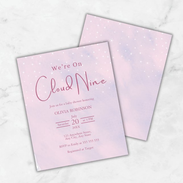 Vi är på Cloud 9 Dreamy Rosa Baby Shower Inbjudan (Budget We're On Cloud 9 Dreamy Pink Girl Baby Shower Invitation   )