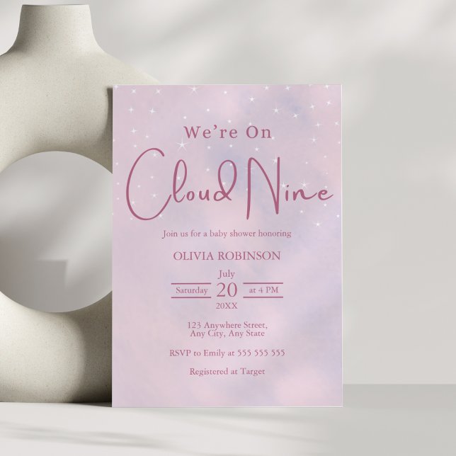 Vi är på Cloud 9 Dreamy Rosa Baby Shower Inbjudningar (We're On Cloud 9 Dreamy Pink Girl Baby Shower Invitation     )