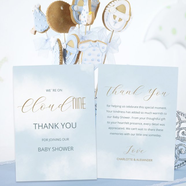 Vi är på Cloud 9 Elegant Script Blue Baby Shower Tack Kort (We´re on Cloud 9 Elegant Script Blue Baby Shower Thank You Card ©Susanne Sachers - Sunny Mind 🌞)