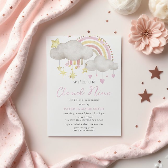 Vi är på Cloud Nine Flicka Baby Shower Inbjudningar (We are on Cloud Nine Baby Girl Baby Shower Invitation)