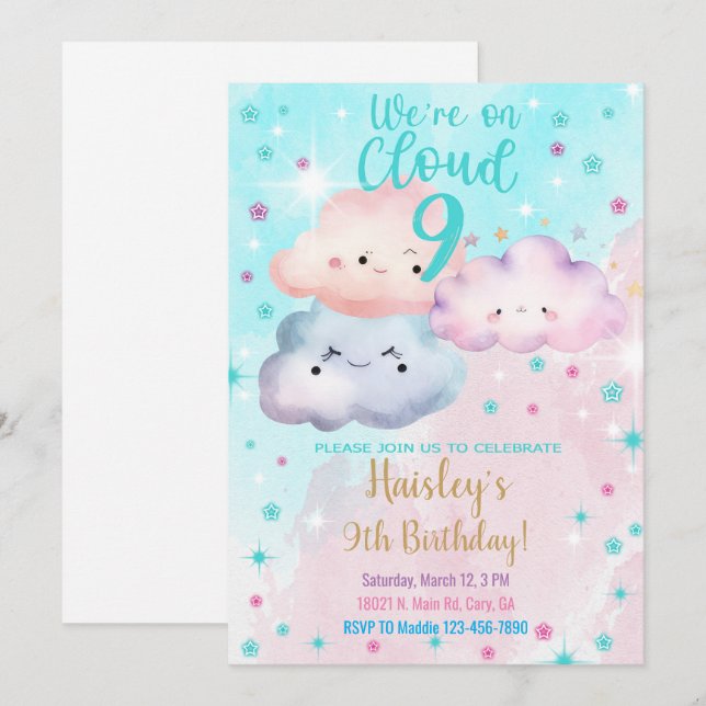 Vi är på Cloud Nine-inbjudan nioårsdag. Inbjudningar (Fram/baksida)