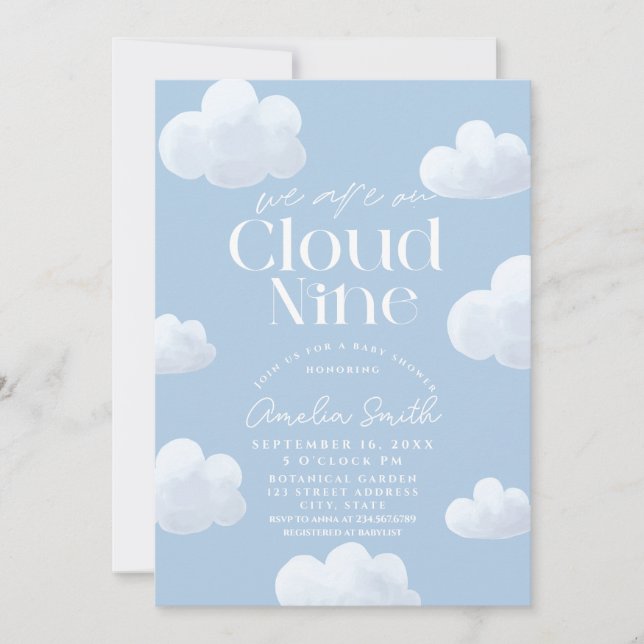 Vi är på Cloud Nine Modern Blue Cloud Baby Shower Inbjudningar (Framsida)