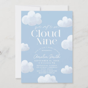 Vi är på Cloud Nine Modern Blue Cloud Baby Shower Inbjudningar