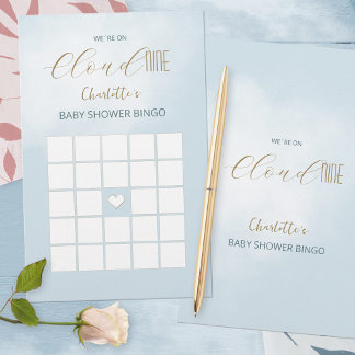Vi är på Moln 9 Blå Baby Shower Bingo-spel